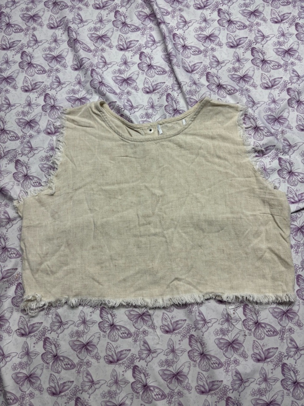 🍄Raw Edge Beige Linen Crop Tank Top - Picture 1 of 4